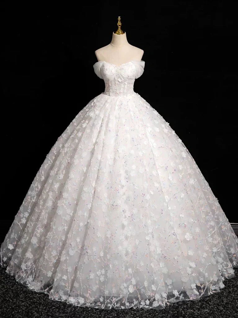 A-Line Sweetheart Neck Tulle Lace White Long Prom Dress, White Lace Formal Dress ED01134