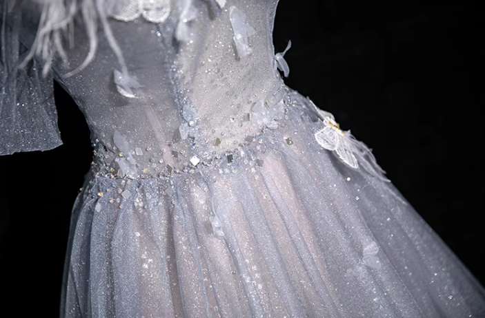 blue A-line sweetheart neck tulle sequined long prom dress, gray blue evening dress HZ1024