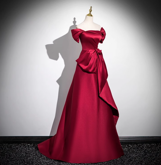 A-line off-the-shoulder satin long prom dress, burgundy formal long dress HZ1024