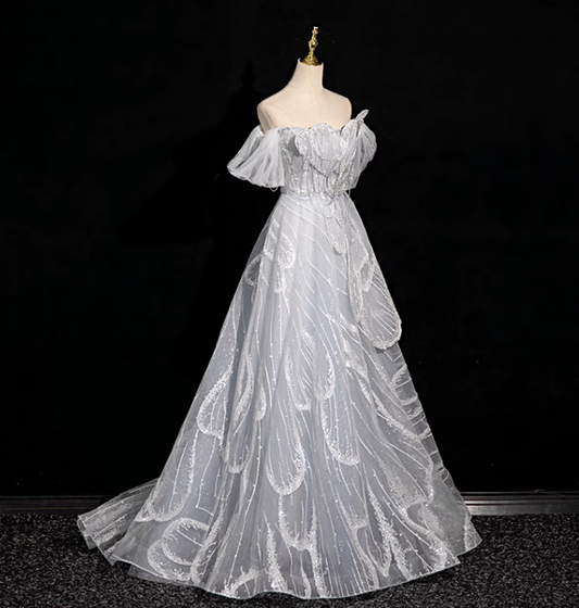 Silver grey A-line off-shoulder tulle sequin long prom dress, silver grey formal long dress ED01149
