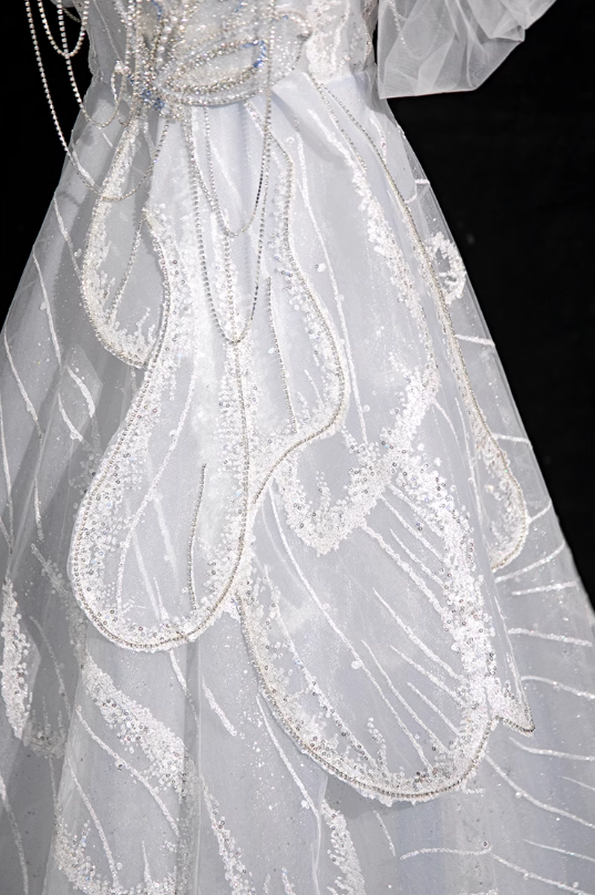 Silver grey A-line off-shoulder tulle sequin long prom dress, silver grey formal long dress ED01149