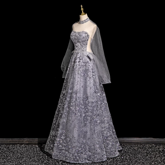 Grey A-line Sweetheart Neck Tulle Rhinestone Long Prom Dress, Grey Formal Long Dress ED01176