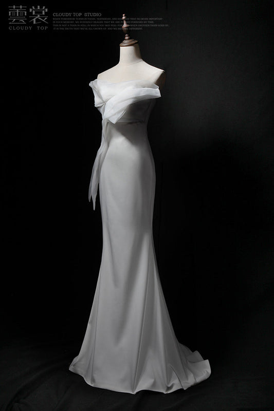 White Strapless Mermaid Tulle Satin Long Prom Dress, White Formal Dress ED01179