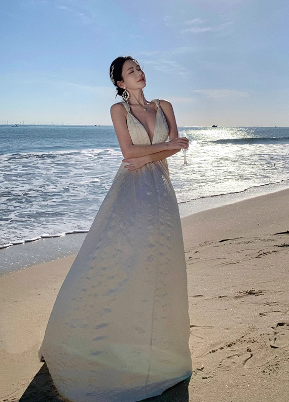 Apricot A-line halterneck long dress, backless beach dress ED01197
