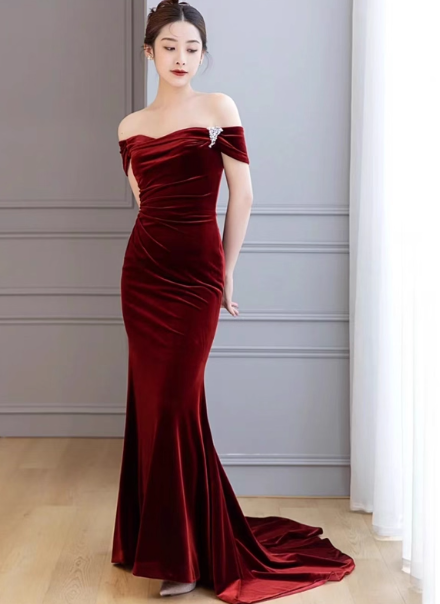 Mermaid Velvet Burgundy Long Prom Dress, Burgundy Long Formal Dress ED012