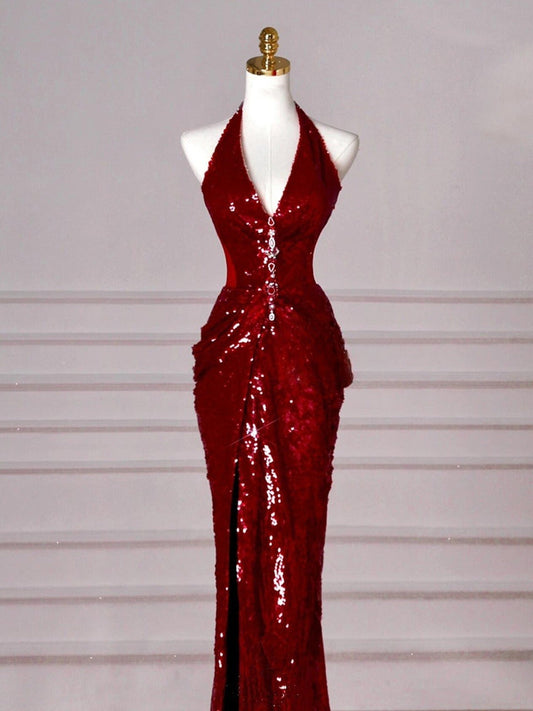 Burgundy Mermaid V-neck Sequins Long Prom Dress,Formal Prom Dress ED01203