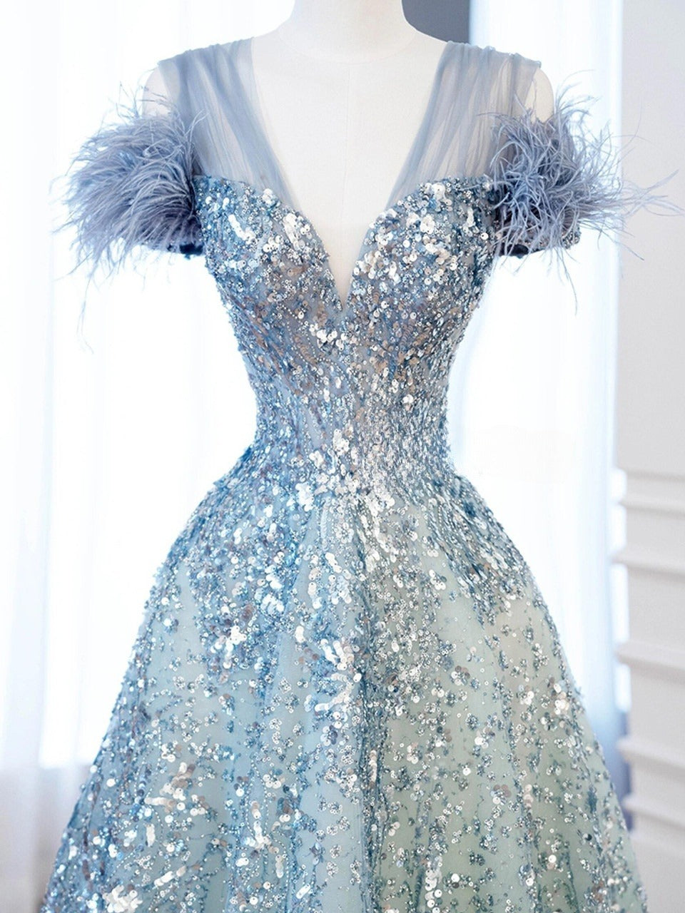A-line V-neck Blue Tulle Sequins Long Prom Dress, Blue Formal Dress ED01206