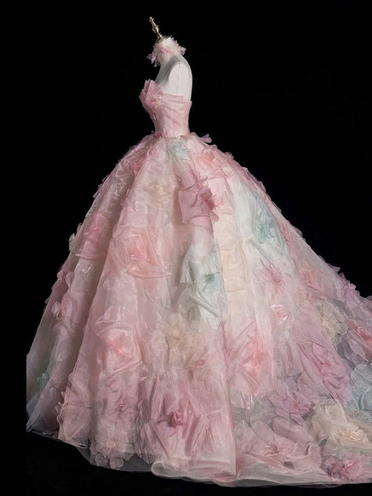 A-line Strapless Tulle long prom dress, pink sweet formal dress HZ1024