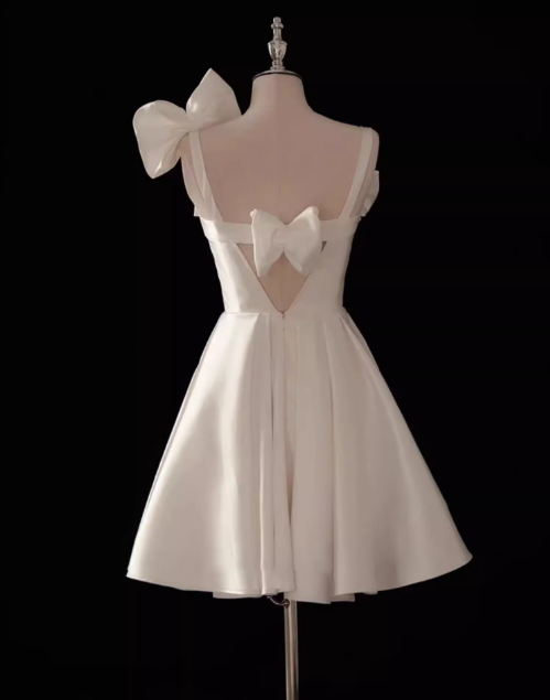 A-line spaghetti strap satin short prom dress, white bridesmaid dress HZ1024