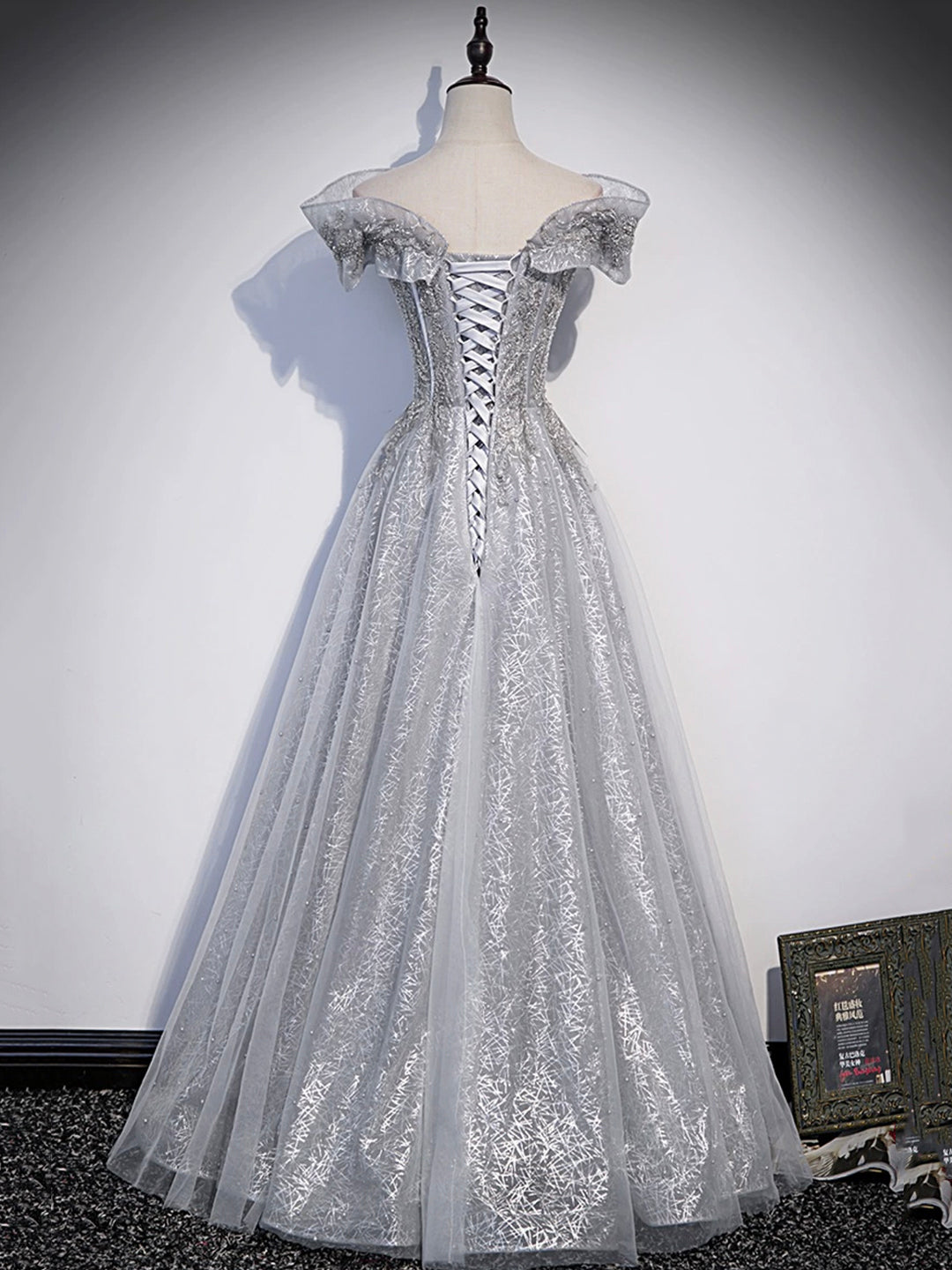 Gray A-line Off-Shoulder Tulle Sequins Long Prom Dress,Formal Evening Dress ED01219