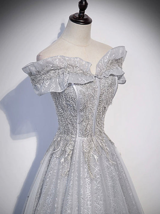 Gray A-line Off-Shoulder Tulle Sequins Long Prom Dress,Formal Evening Dress ED01219
