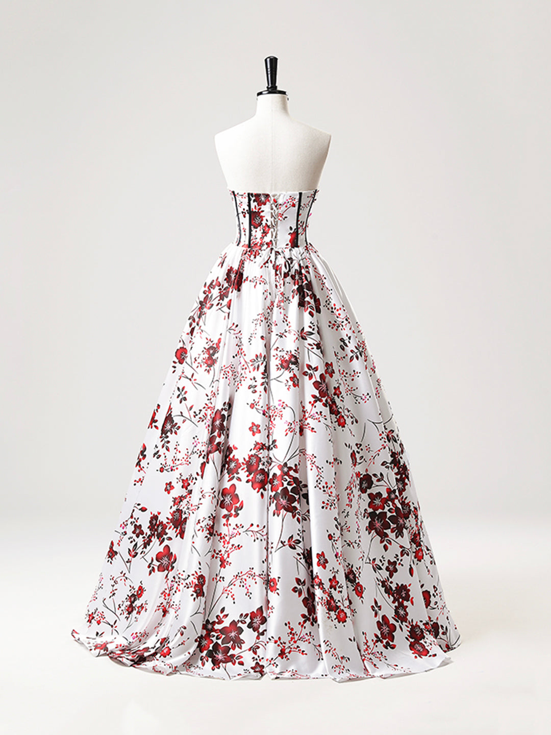 A-Line Strapless White Floral Satin Long Prom Dress, Sweetheart Neck Formal Party Dress ED01221