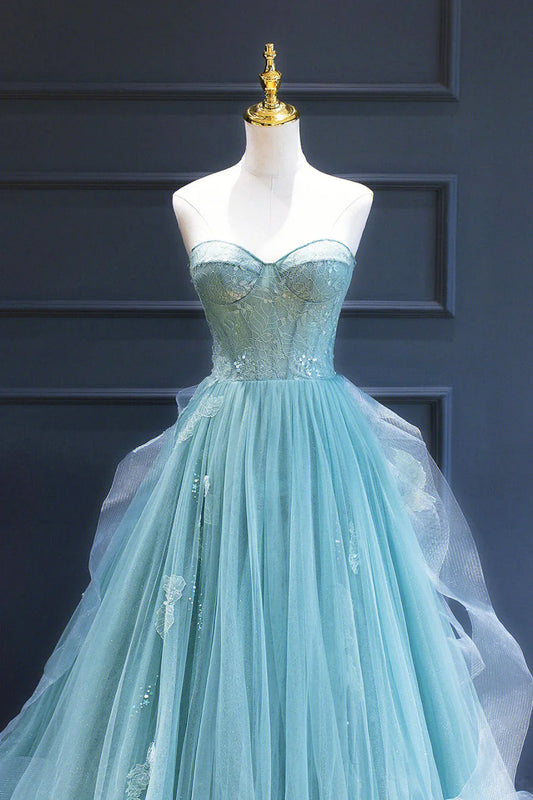 A-Line Sweetheart neck Lace Tulle Long Formal Dress, Green Evening Dress ED01242