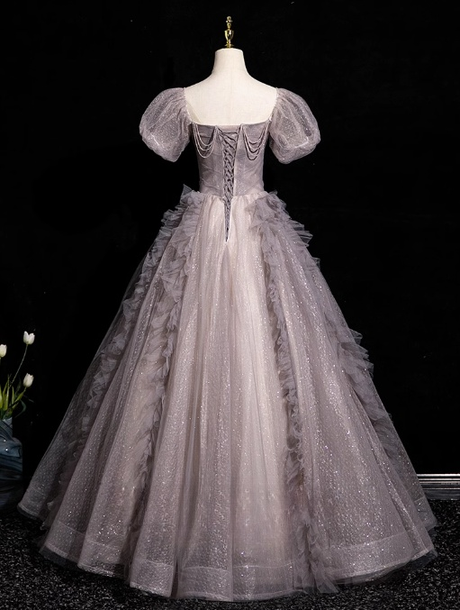 A-line V-neck Tulle Sequin Long Prom Dress, Purple Formal Dress HZ1024