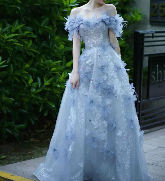 A-line Off-the-shoulder Tulle Sequins Long Prom Dress, Blue Long Formal Dress HZ1024