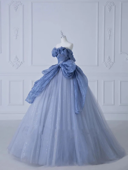 A-line Off-Shoulder Tulle Sequins Long Prom Dress, Dusty Blue Formal Dress ED01272