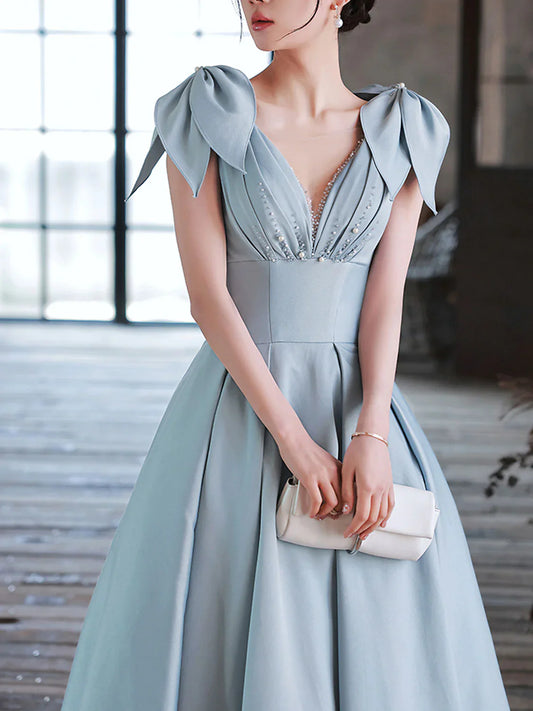Blue A-Line V Neck Satin Beads Long Prom Dress, Blue Evening Dress ED01274