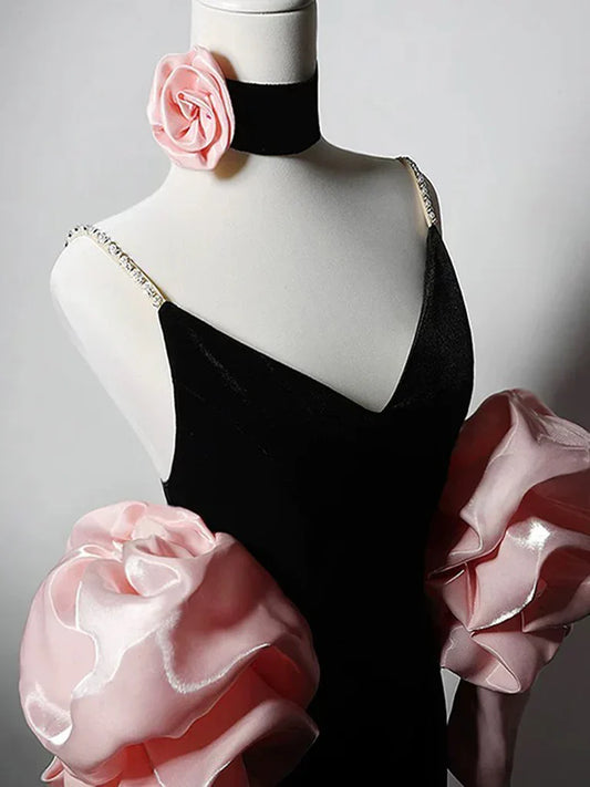 Mermaid V Neck Velvet Black Long Prom Dress, Black Party Dress ED01278