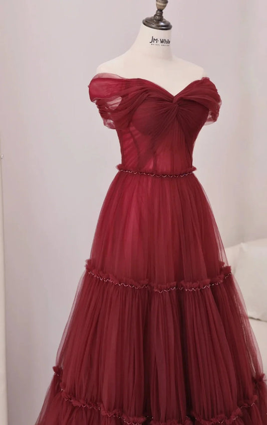 Burgundy A-Line Off Shoulder Tulle Long Prom Dress, Burgundy Long Evening Dress ED01283