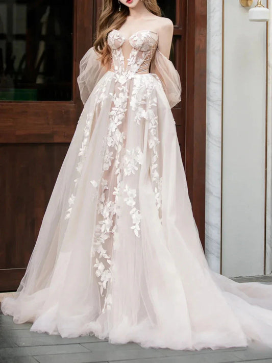 Champagne lace tulle long prom dress, Champagne wedding dress ED01289