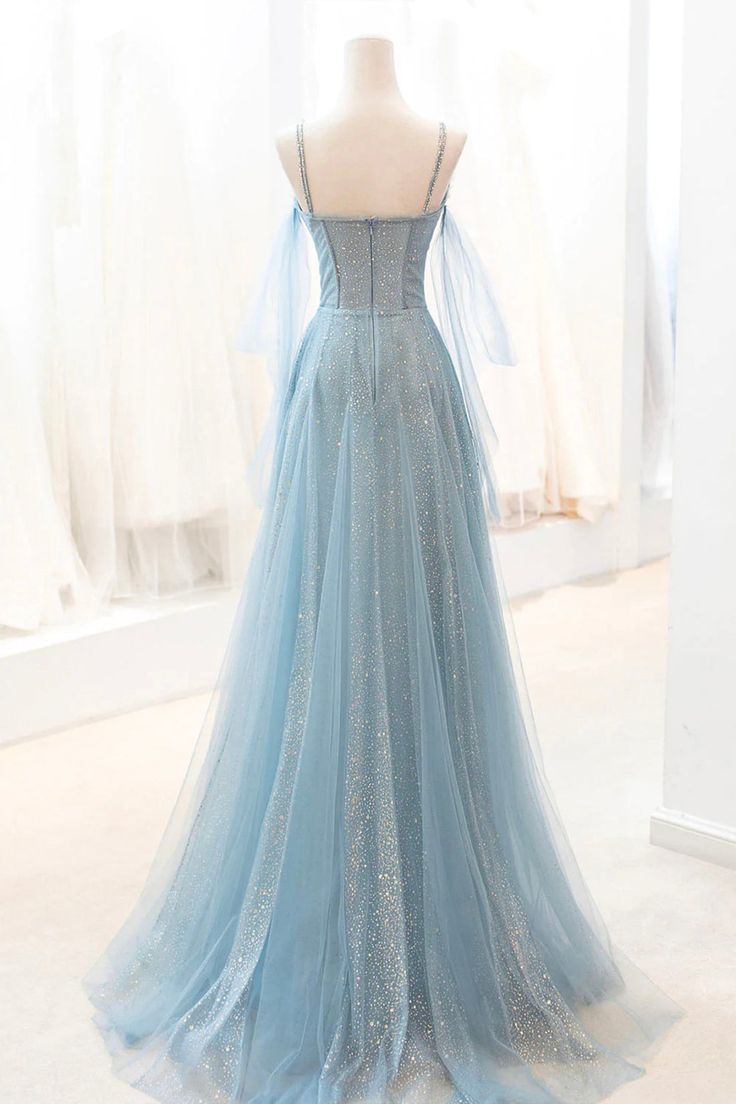 Blue Sparkly Tulle Long Prom Dress, A-Line Spaghetti Strap Evening Dress HZ1024