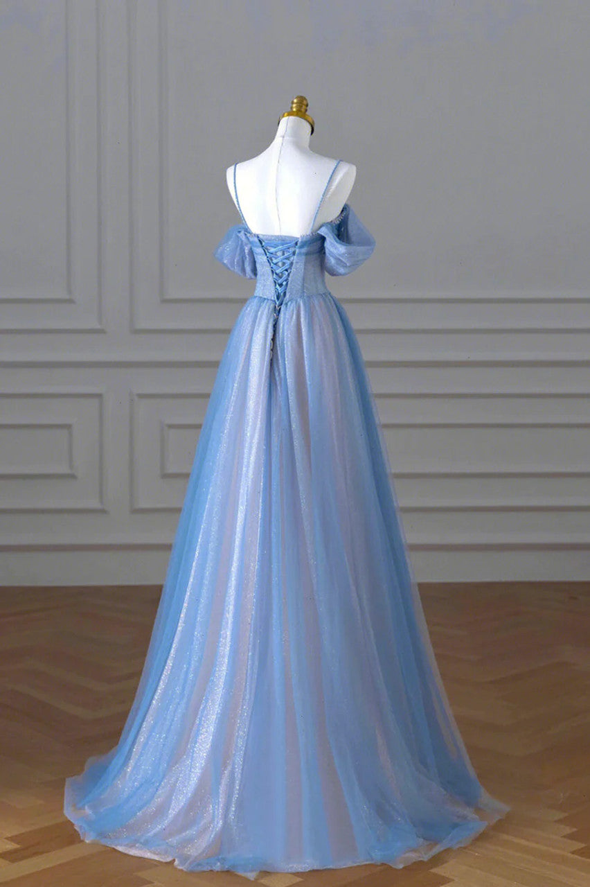A-Line Tulle Sequins Pearls Spaghetti Straps Prom Dress,Blue Formal Prom Dress HZ1024