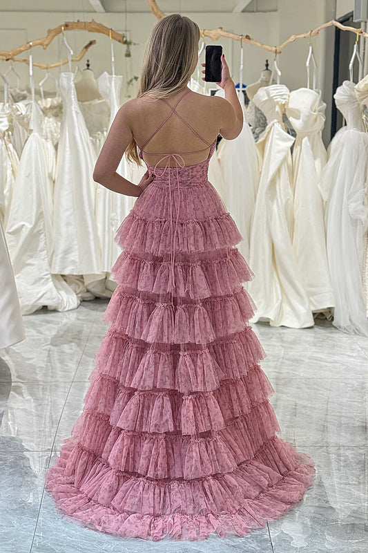 A Line Spaghetti Straps Printed Tulle Prom Dress with Ruffles HZ1024