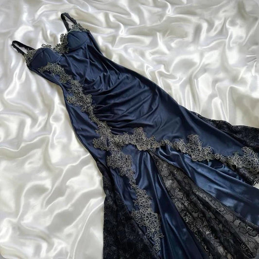 Elegant Navy Blue Spaghetti Straps Mermaid Satin Appliques Prom Dresses Party Dresses ED01319