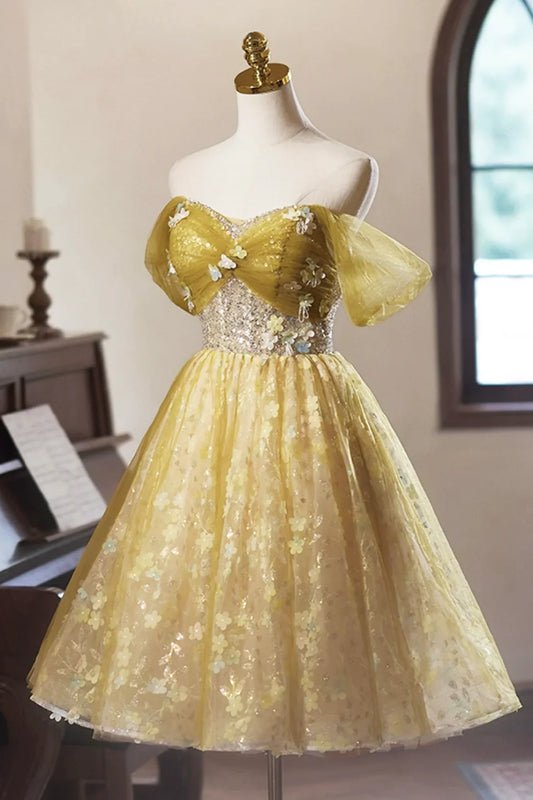 Yellow Floral Tulle Knee Length Prom Dress, A-Line Off the Shoulder Homecoming Dress ED01324