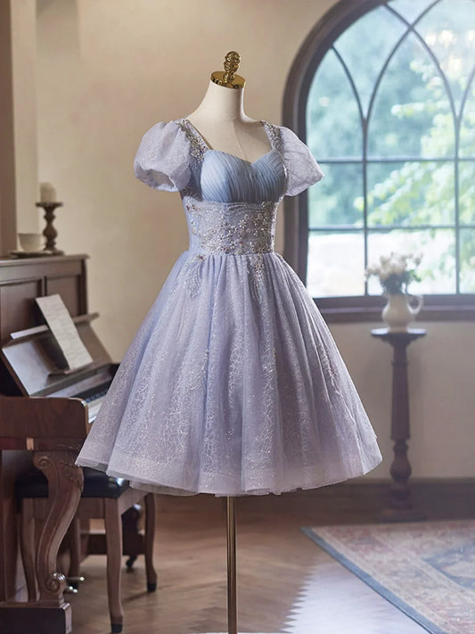 Light Purple Tulle Short Sleeves Homecoming Dress, Beautiful Knee Length Prom Party Dress ED01325