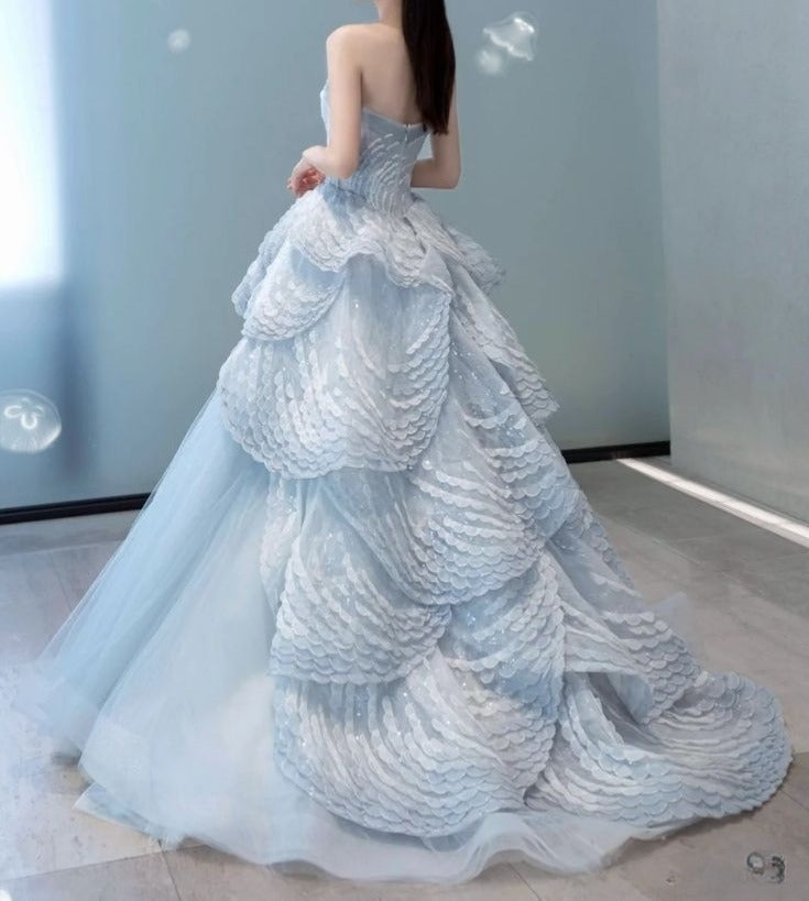Blue A-line Strapless Tulle Long Prom Dress, Ice Blue Evening Gown HZ1024
