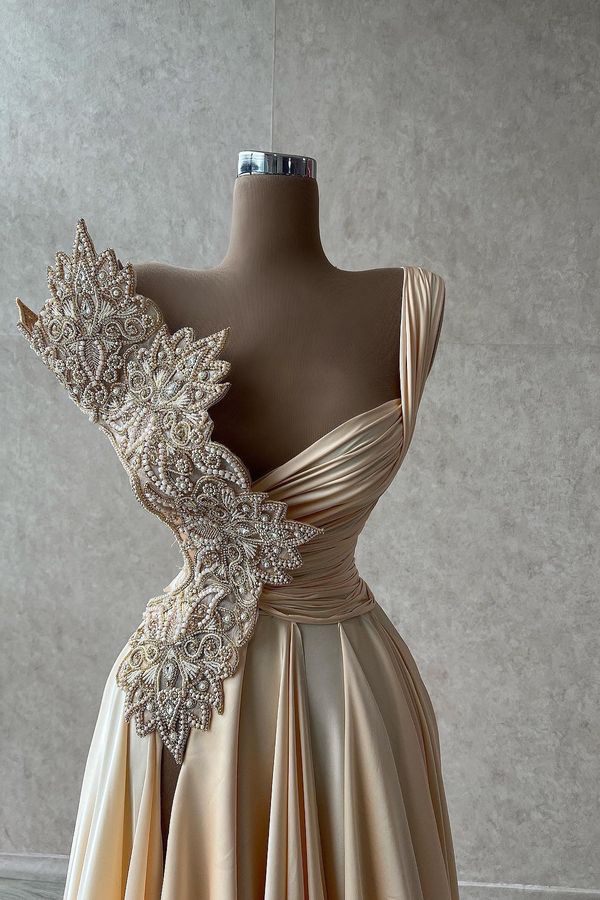 A-Line Satin V-Neck Long Ball Dress, One-Shoulder Formal Evening Dress HZ1024