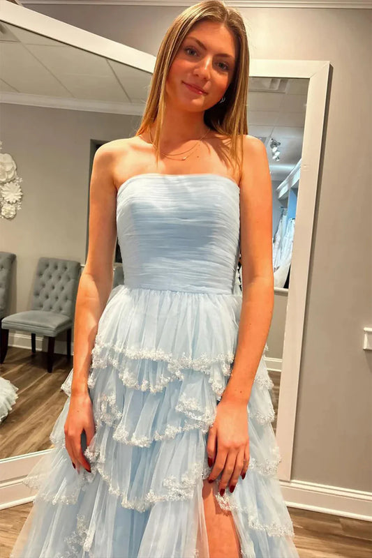 Light Blue Strapless Layered Tulle Prom Dress with Sequins ED01359
