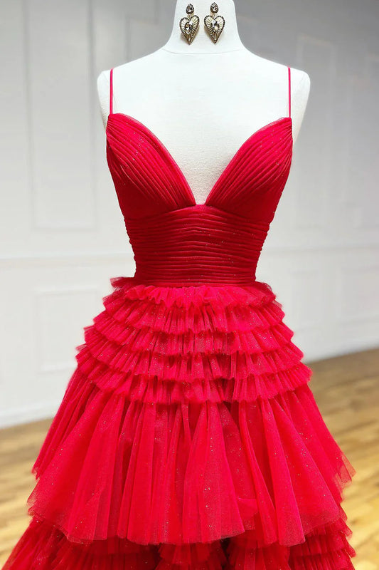 Red Tulle Deep V Neck Spaghetti Straps Long Prom Dress ED01360