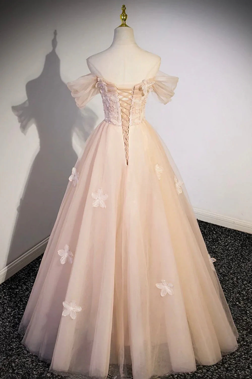 Cute Flowers Tulle Long Formal Dresses, Champagne Off Shoulder Evening Dresses ED01365