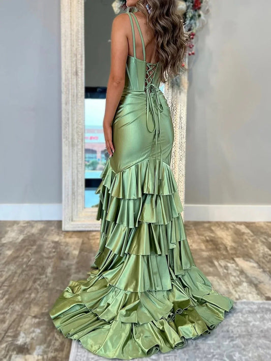 Mermaid Sage V Neck Satin Long Prom Dress With Ruffle Skirt ED01367