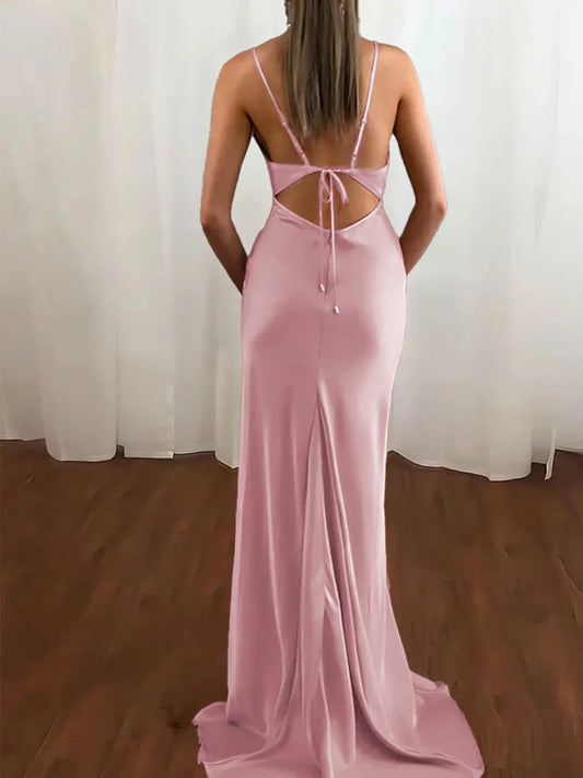 Pink Spaghetti Straps Satin Mermaid Prom Dress HZ1024