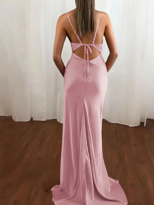 Dusty Pink Spaghetti Straps Satin Mermaid Prom Dress ED01368