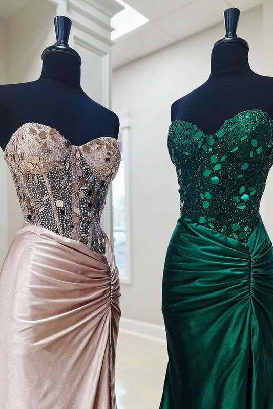 Mirror Rhinestone Corset Long Evening Dress with Slit HZ1024
