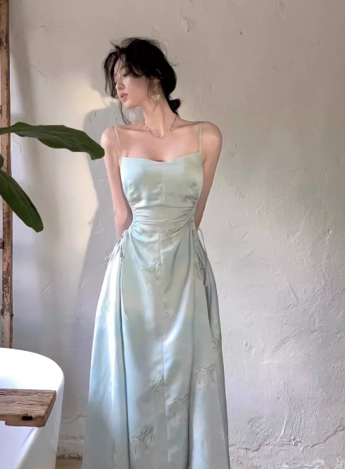 Chinese style suspender satin pleated waist gentle temperament long skirt HZ1024