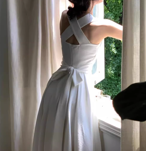 French style niche light luxury white straps dress elegant white birthday dress ED0137