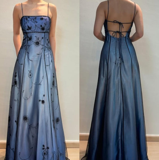Vintage Blue Gradient Empire Prom Dresses Backless Romantic Beaded Evening Dresses Guest Dresses ED01406