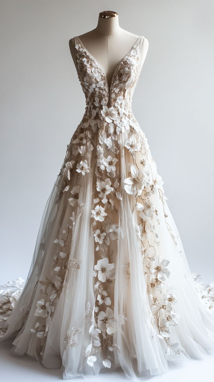 A-line V-neck Tulle 3D Applique Wedding Dress Simple Beaded Evening Gown HZ1024