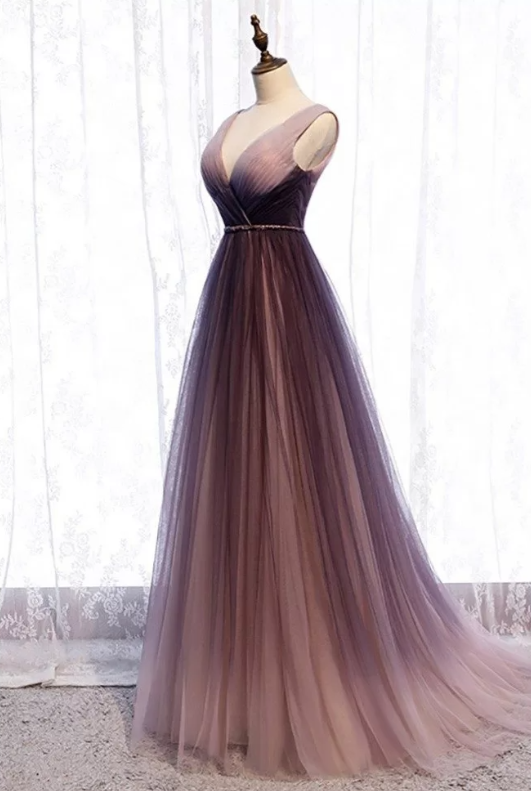 A-Line Deep V neck Pleated Purple Tulle Formal Prom Dress Flowing ED01412