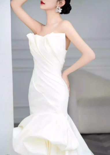 Ivory Strapless Mermaid Wedding Dresses, Tulle Satin Tender Sleeveless Bridal Gowns ED01425