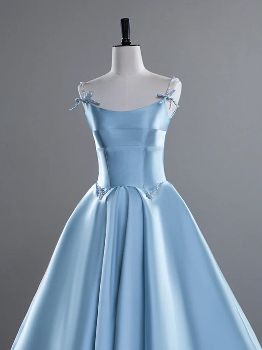 Blue A-Line Spaghetti Straps Satin Long Prom Dress, Blue Long Evening Dress ED01426