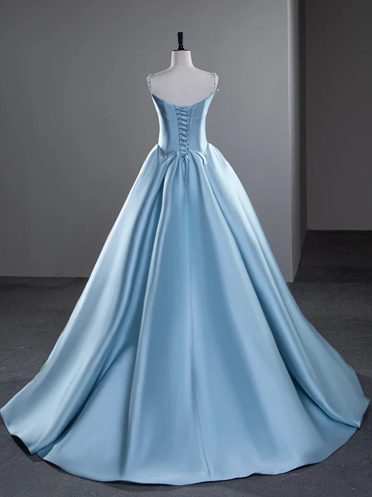 Blue A-Line Spaghetti Straps Satin Long Prom Dress, Blue Long Evening Dress ED01426