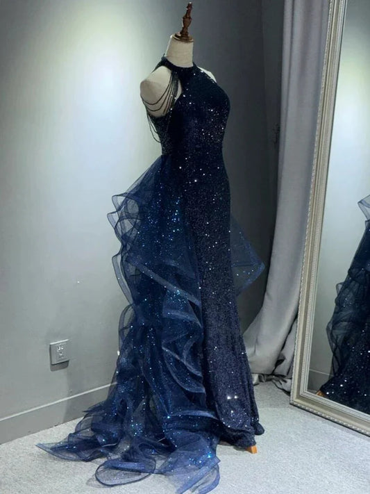 Elegant A-Line Halter Sparkly Sequins Long Prom Dresses Navy Blue Evening Dresses ED01427