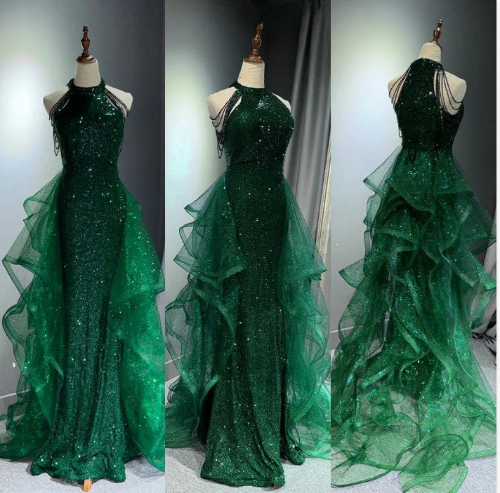 Elegant A-Line Halter Sparkly Sequins Long Prom Dresses Navy Blue Evening Dresses ED01427