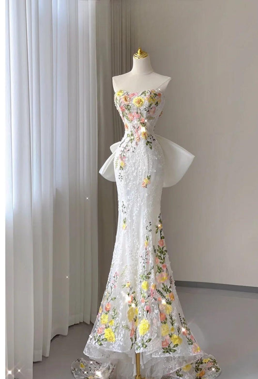 White Wedding Dress Elegant Mermaid Strapless Tulle Lace Long Prom Dress Applique Evening Dress ED01443